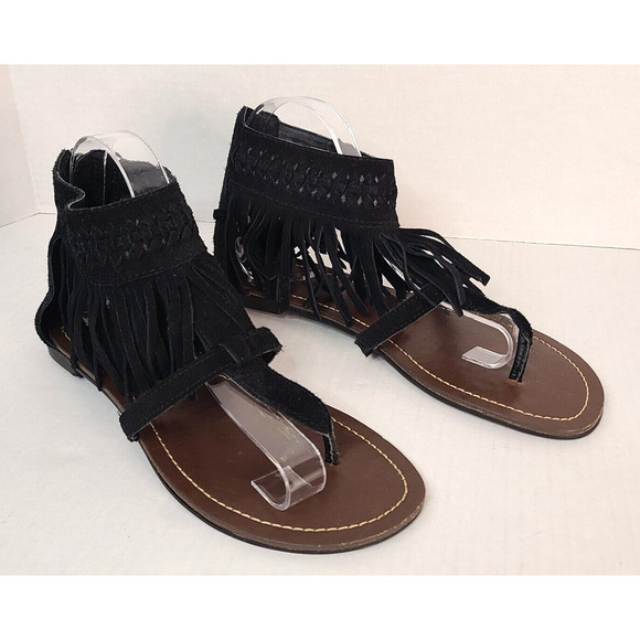 MINNETONKA Black Fringe Thong Sandals 8 Flat Leather Bohemian Woven Zipper Back - Picture 1 of 16